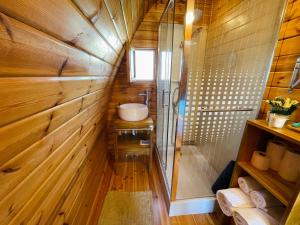 Glamping Turquesa, feel and relax in a wood house في Corredoura: حمام مع حوض ودش في الغرفة