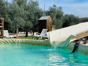 um escorrega aquático no meio de uma piscina em Glamping Turquesa, feel and relax in a wood house em Corredoura