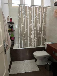a bathroom with a toilet and a shower curtain at Ponta Mina Room in São Tomé