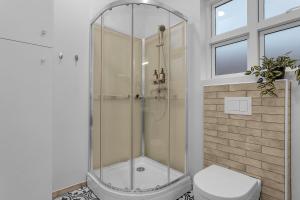 ein Bad mit einer Dusche und einem WC in der Unterkunft Capital Luxury Apartments in Reykjavík