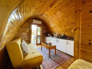 een woonkamer in een blokhut met een bank en een tafel bij The Gold Pod, relax and enjoy on a Glamping house in Corredoura