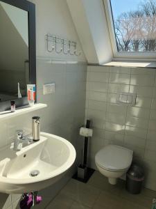 a bathroom with a white sink and a toilet at Ferienhaus am Nationalpark, Klausdorf, ca 250m bis zur Badestelle in Klausdorf Mecklenburg Vorpommern