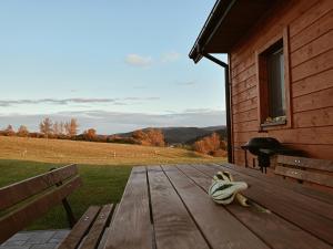 a wooden deck with a bench and a view of a field at Domek Rodakówka in Krempna