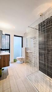 bagno con doccia in vetro e servizi igienici di Maison d'architecte centre Tours jardin, climatisation, parking 5 p a Tours