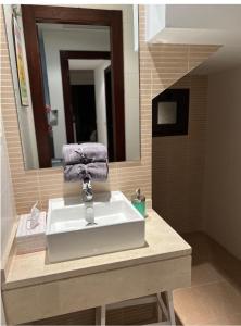 ein Badezimmer mit einem weißen Waschbecken und einem Spiegel in der Unterkunft Pueblo los Monteros in Marbella