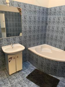 ein Badezimmer mit einem Waschbecken und einer Badewanne in der Unterkunft Spacious 2-rooms penthouse in Warsaw city center in Warschau