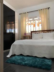 a bedroom with a large bed with a blue rug at Casa com 4 quartos e área externa com jardim in São Raimundo Nonato