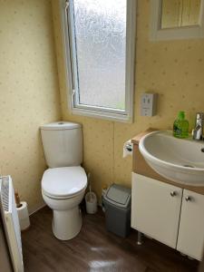a bathroom with a toilet and a sink and a window at Garej Mynytho Caravan in Pwllheli