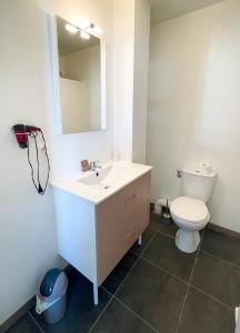 a bathroom with a toilet and a sink and a mirror at Hôtel Némo Aéroport de Pau - KB HOTEL GROUP in Sauvagnon