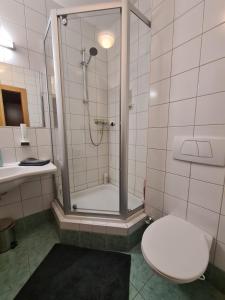 e bagno con doccia, servizi igienici e lavandino. di Appartement Bürgerbräu Hermagor a Hermagor