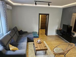 AeroVista Apartment في Surčin: غرفة معيشة مع أريكة وطاولة