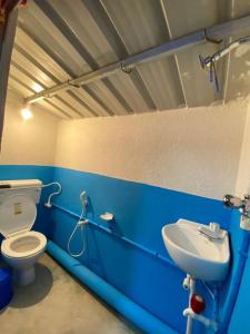 a blue bathroom with a toilet and a sink at Tapama Resort in Bakkhali