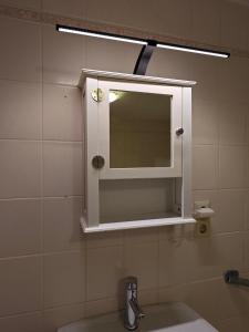 ein Badezimmer mit einem Spiegel und einem Waschbecken in der Unterkunft Appartment Mühlberg Obermühle in Kirchensittenbach