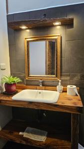 Lindo LOFT VIP a 5 minutos de Cayala في غواتيمالا: حوض الحمام مع مرآة على منضدة خشبية