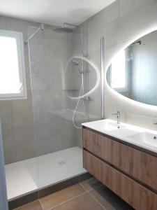 La salle de bains est pourvue d'une douche et d'un lavabo. dans l'établissement Gîte des Gônes - Lyon Charme, à Feyzin