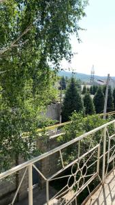 a metal railing on the side of a balcony at Room in the house, with mountain views and squirrels in the yard in Almaty