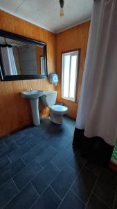 a bathroom with a sink and a toilet and a mirror at Pies a tierra in Coihaique