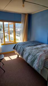 a bedroom with a bed with a blue wall and a window at Pies a tierra in Coihaique