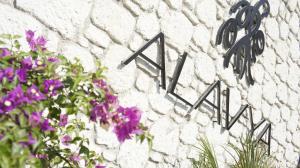 una pared de piedra con flores y flores púrpuras en Alavya, en Alacati