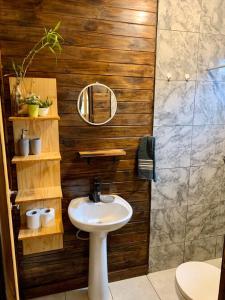 a bathroom with a sink and a mirror at Cabaña Joshua in Puerto Iguazú