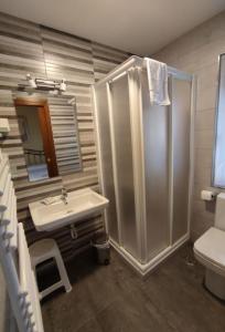 y baño con ducha, lavabo y aseo. en Casa Rural Puerta del Sol II de 2 habitaciones, en Candelario