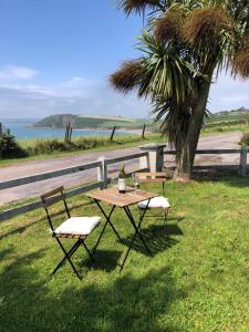 ein Picknicktisch und zwei Stühle im Gras in der Unterkunft Harbour View Cottage, Rochespoint, Cork Harbour in Midleton