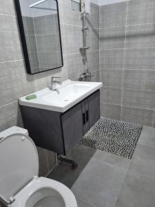 a bathroom with a sink and a toilet and a mirror at Logement de roots evasions in Petit-Bourg