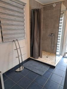 a bathroom with a shower with a shower curtain at La maison d isa in Lens