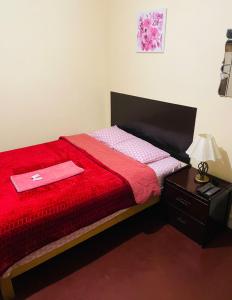 ein Schlafzimmer mit einem Bett mit einer roten Decke und einer Lampe in der Unterkunft KORICANCHA in Lima