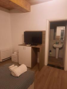 um quarto com uma televisão e uma secretária com um lavatório em Bujtina Lugina e vjosës em Përmet