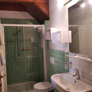 e bagno con doccia, servizi igienici e lavandino. di Casa Via Castelmonte a Cividale del Friuli