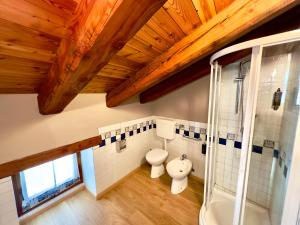 a bathroom with a toilet and a shower at La Mizoùn de Marguerito - Appartamento Rododendro in Acceglio