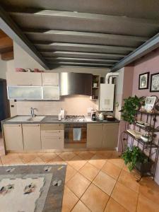 una cucina con elettrodomestici in acciaio inossidabile e soffitto di Les Maisons des Fleurs a San Bartolomeo