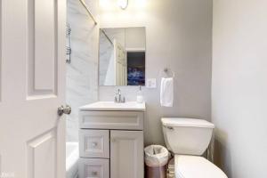 een badkamer met een toilet, een wastafel en een spiegel bij Chic Green l Near Downtown & IL Medical District in Chicago