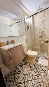 ein Bad mit einem WC, einem Waschbecken und einer Dusche in der Unterkunft DiHouse Apartment - Habitacion Privada in San Andrés