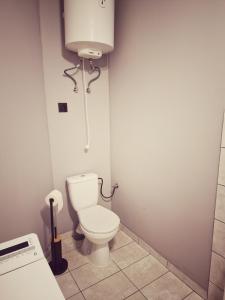 a small bathroom with a toilet in a stall at Apartamenty Toskania No.2 in Poznań