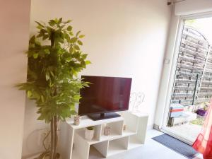 a tv sitting on a white stand next to a plant at T2 au coeur de Blagnac- proche de tout- check in 24-24, parking in Blagnac