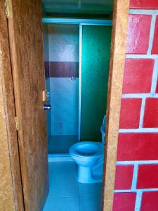 a bathroom with a blue toilet and a glass door at Mountain View Hostel in Manizales