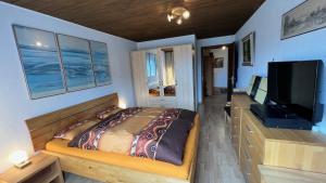una camera da letto con un letto e una TV a schermo piatto di Alpenblick Loft neben Skilift in Amden Arvenbüel ad Amden