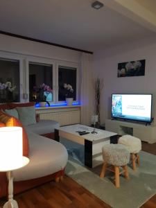 a living room with a couch and a tv at FeWo Goslar Harz in Goslar