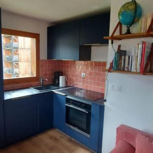 cocina con armarios azules, fregadero y nevera en l'Ancolie 31 en Saint-Étienne-en-Dévoluy