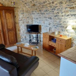 a living room with a couch and a tv at Mas de la Garrigue in Les Vans