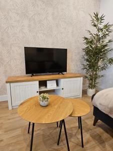 ein Wohnzimmer mit einem Tisch und einem TV in der Unterkunft Apartamento Bilbao in Bilbao