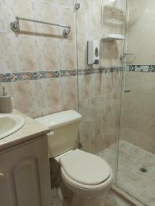 um banheiro com vaso sanitário e box de vidro em Casa Laureles - San Joaquín em Medellín mais 20 fotografias