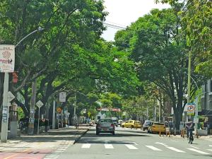 um carro dirigindo por uma rua da cidade com árvores em Casa Laureles - San Joaquín em Medellín