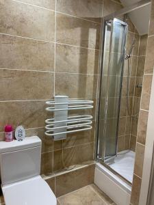 een badkamer met een douche, een toilet en een wastafel bij The Orchards in Elland