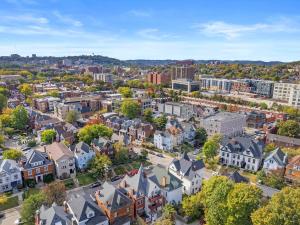 an aerial view of a city with buildings at Shadyside, Pittsburgh, Modern and Accessible 2 Bedroom Unit2 with Free Parking in Pittsburgh
