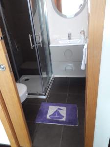 een badkamer met een wastafel, een toilet en een tapijt bij Atico vistas mar in Ribeira