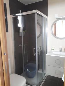 een badkamer met een douche, een toilet en een wastafel bij Atico vistas mar in Ribeira