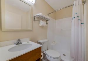 a bathroom with a sink and a toilet and a mirror at HomeTowne Studios by Red Roof Orlando - UCF Area in Orlando +22 photos